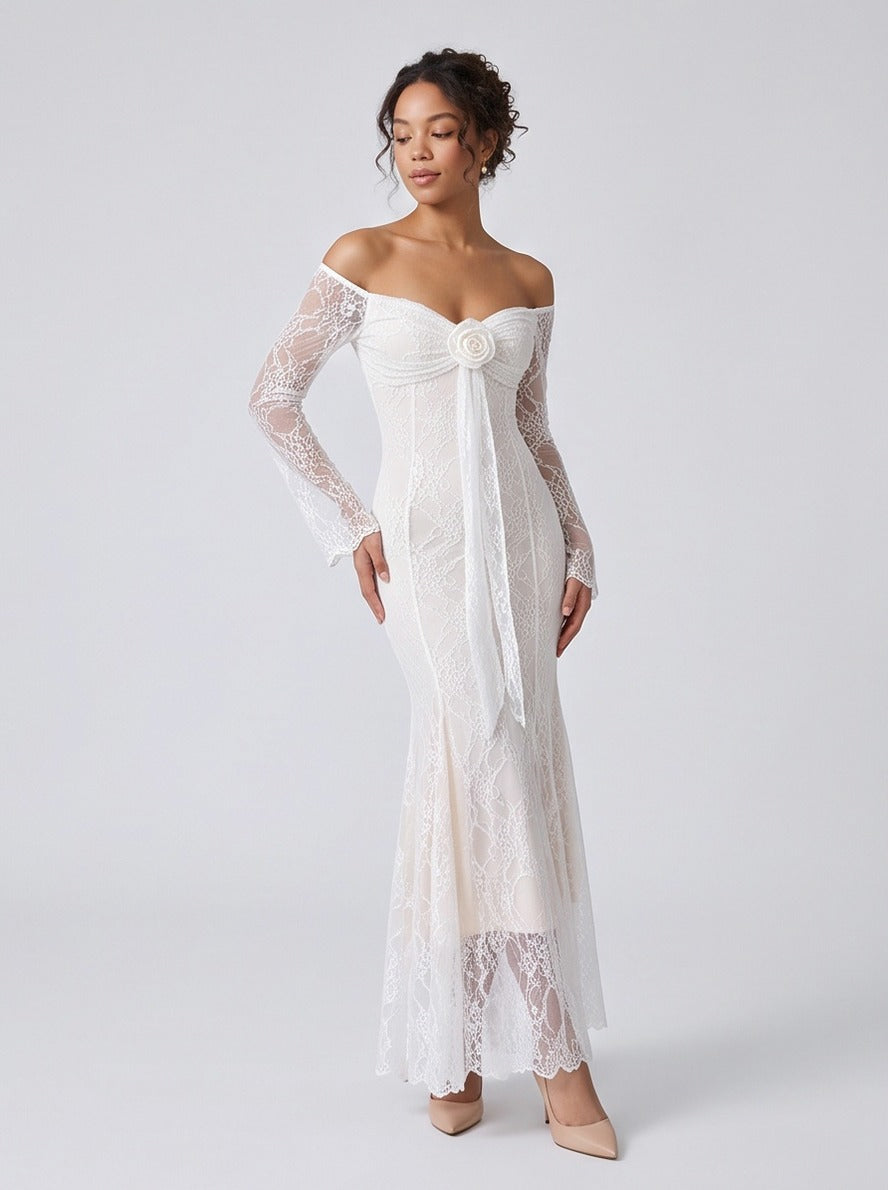 Lace Off Shoulder Rosette Maxi Dress