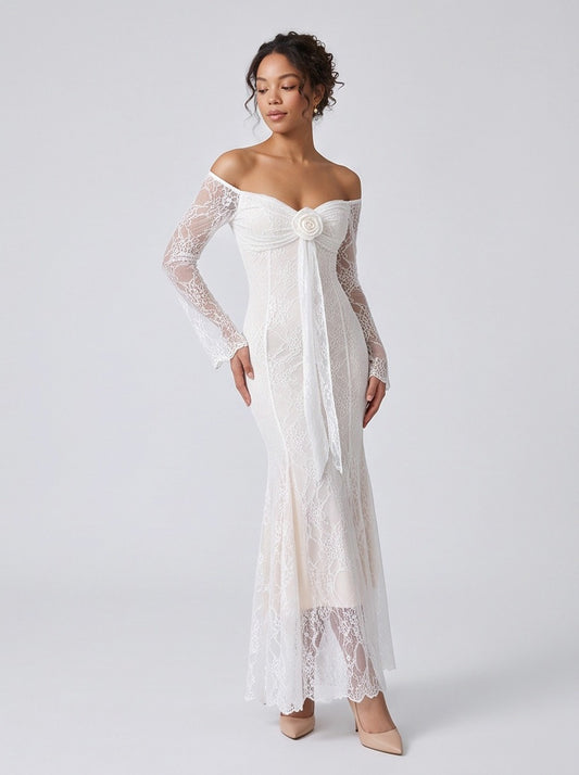 Lace Off Shoulder Rosette Maxi Dress