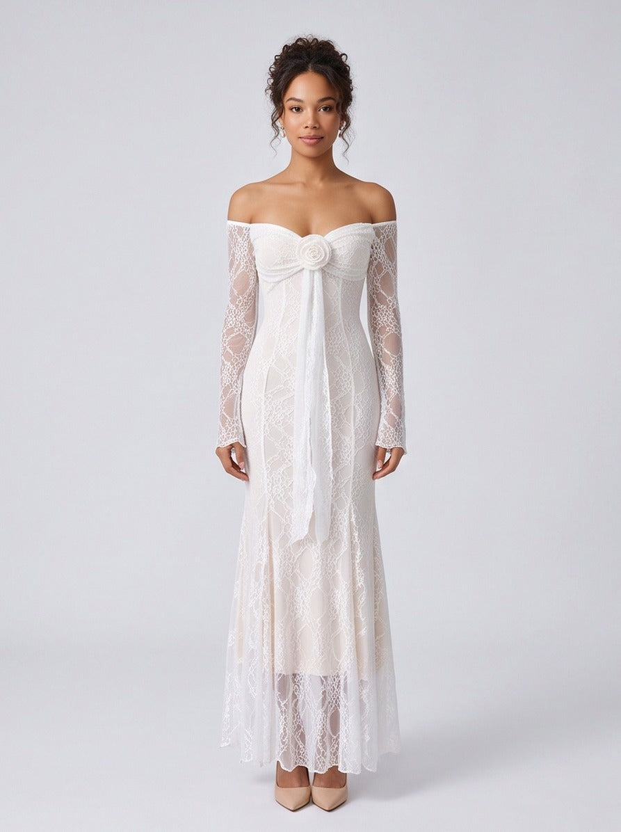 Lace Off Shoulder Rosette Maxi Dress
