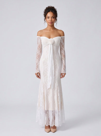 Lace Off Shoulder Rosette Maxi Dress