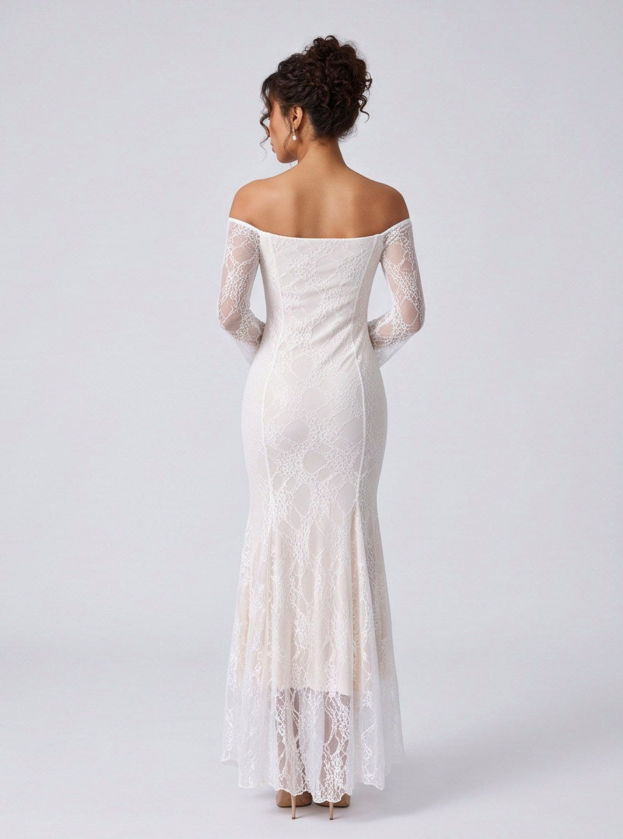 Lace Off Shoulder Rosette Maxi Dress