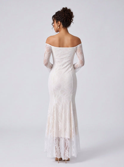 Lace Off Shoulder Rosette Maxi Dress