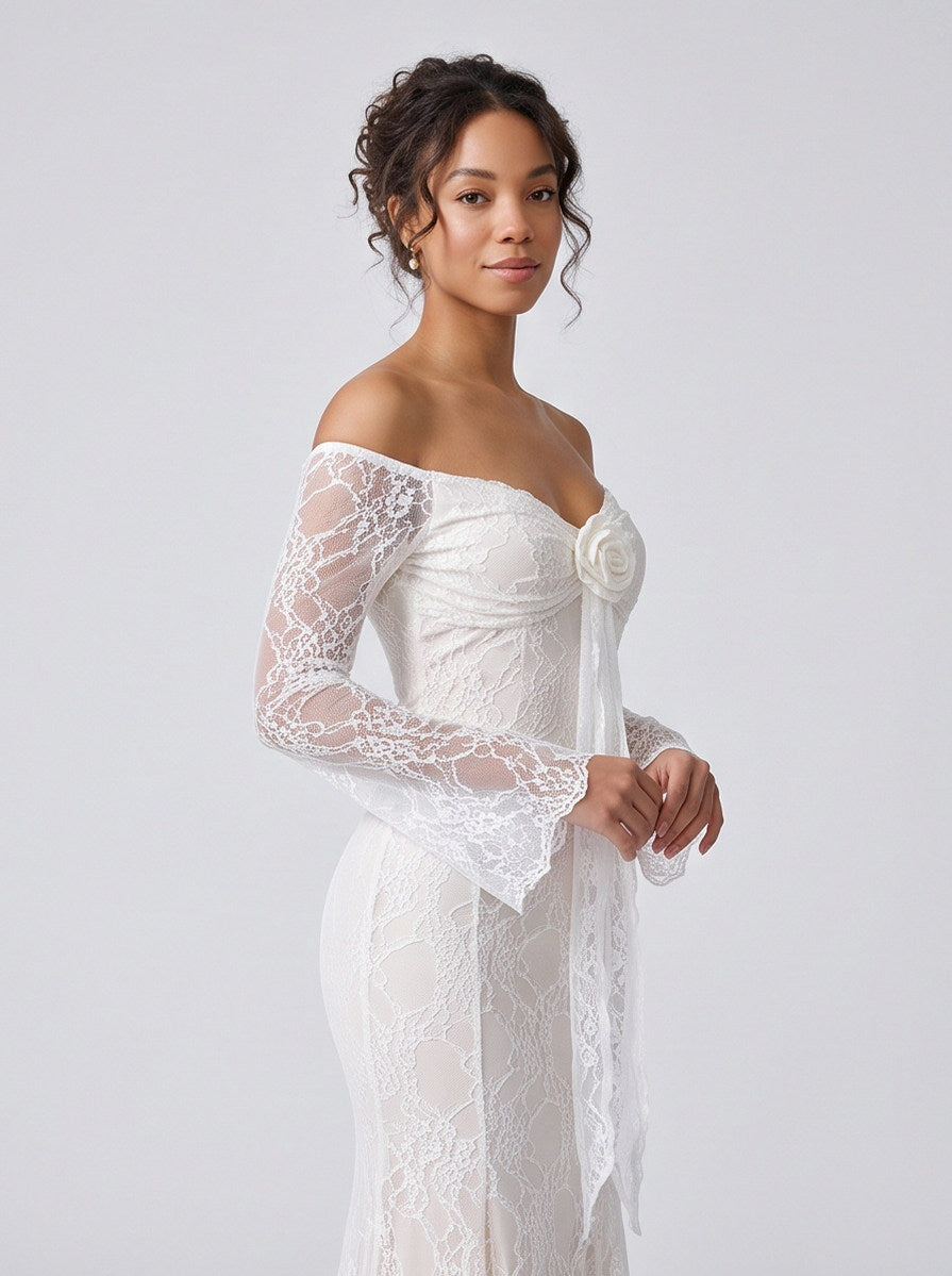 Lace Off Shoulder Rosette Maxi Dress