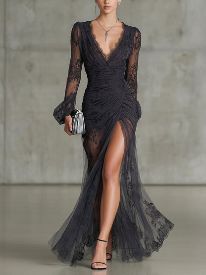 Lace Ruched Split Maxi Dress