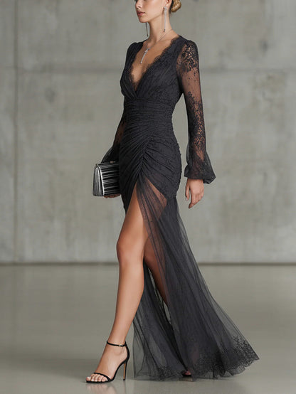 Lace Ruched Split Maxi Dress