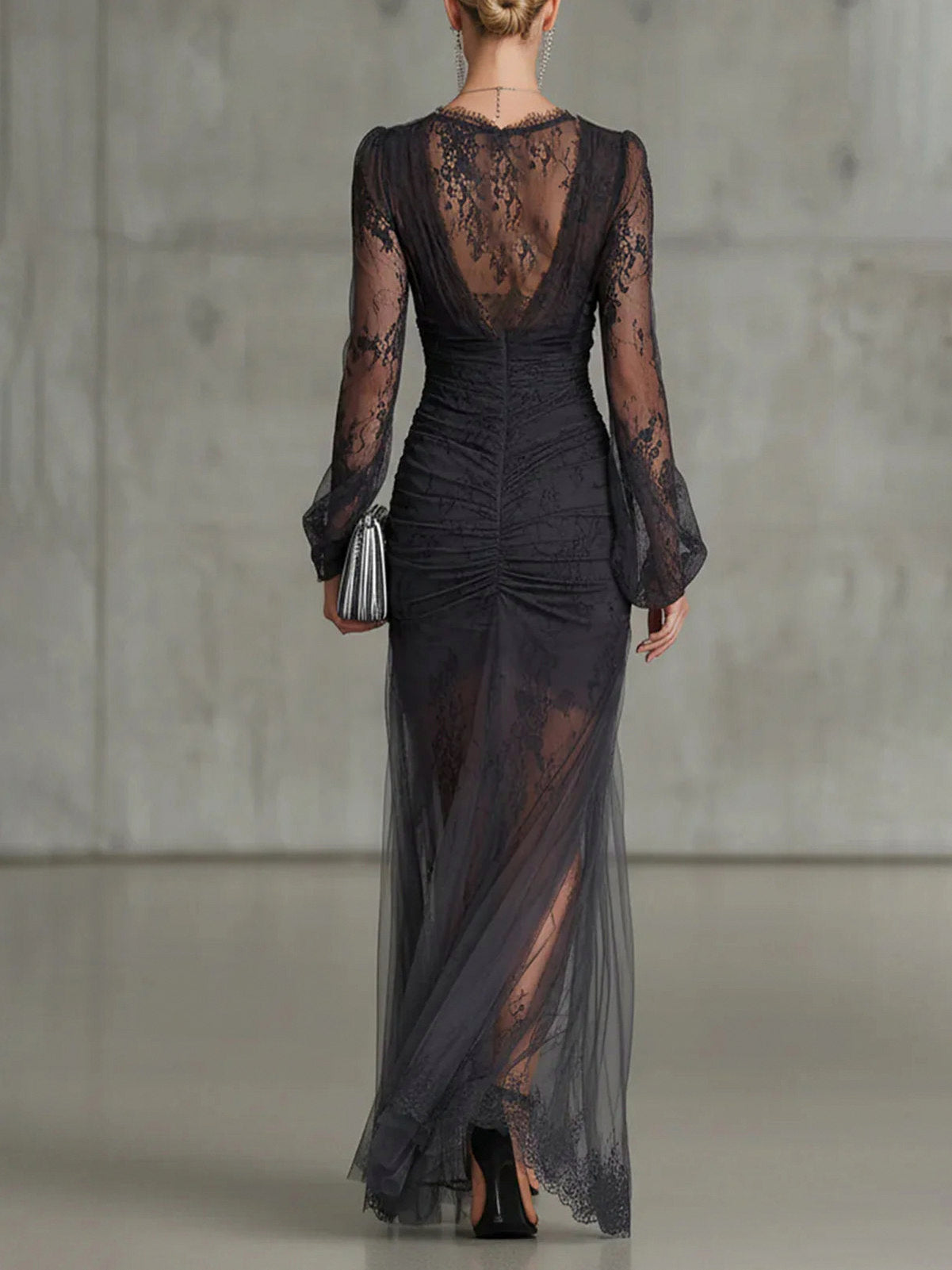 Lace Ruched Split Maxi Dress