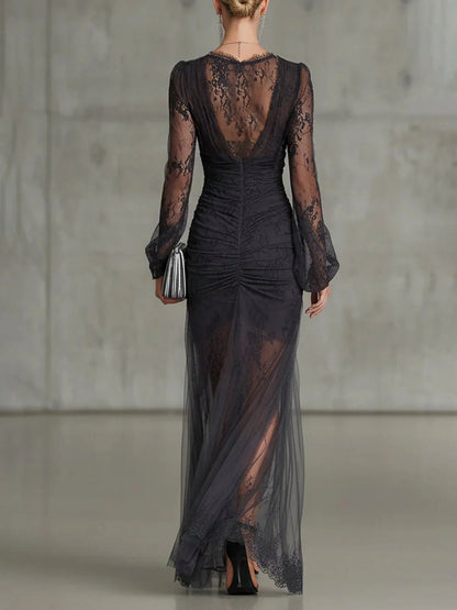 Lace Ruched Split Maxi Dress