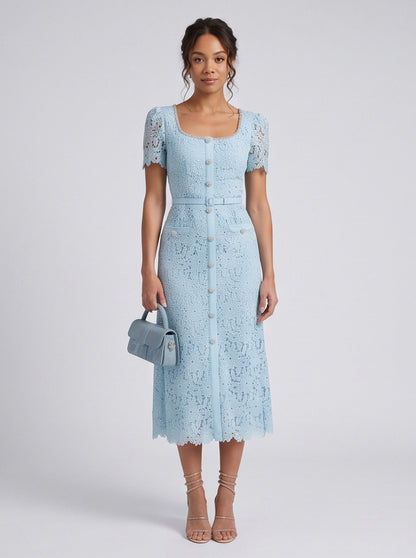Lace Square Neck Belted Midi Dress