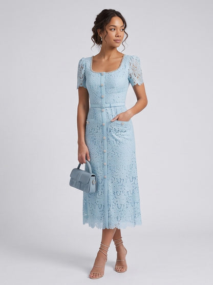 Lace Square Neck Belted Midi Dress