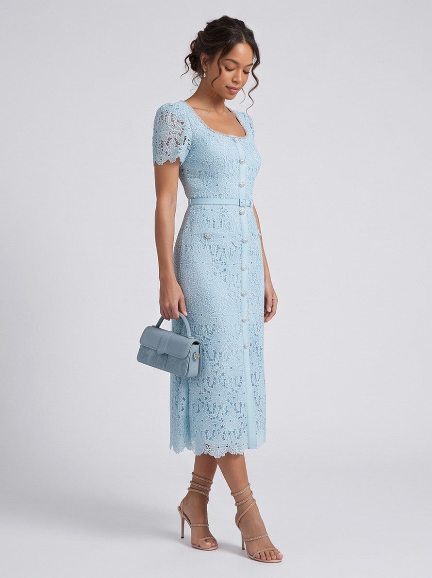 Lace Square Neck Belted Midi Dress