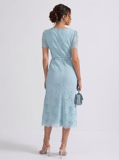 Lace Square Neck Belted Midi Dress