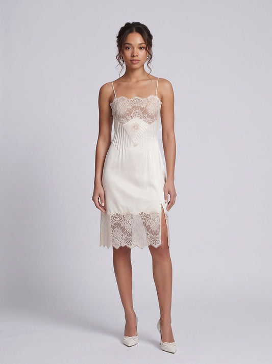 Lace Trim Satin Slip Midi Dress