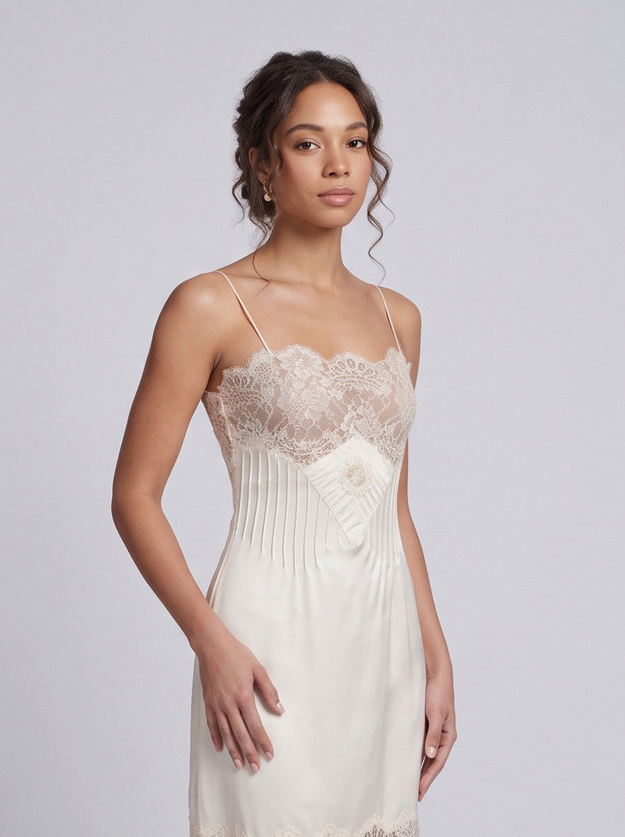 Lace Trim Satin Slip Midi Dress