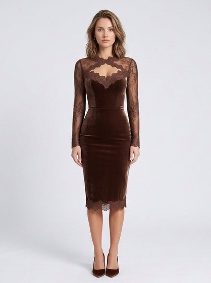 Lace Trim Velvet Midi Dress