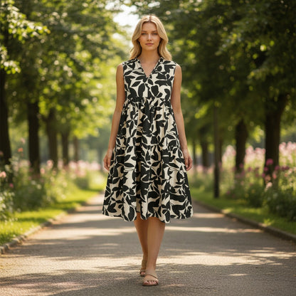Black - A woman walking down a sunny cobblestone European street wearing a sleeveless blue and white botanical leaf print midi dress with a split V-neck and tiered skirt.