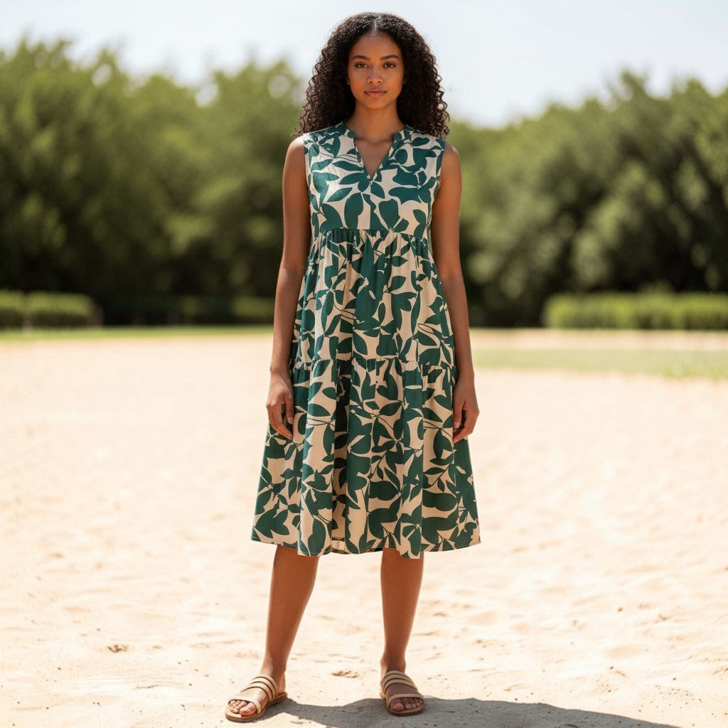 Green - A woman walking down a sunny cobblestone European street wearing a sleeveless blue and white botanical leaf print midi dress with a split V-neck and tiered skirt.