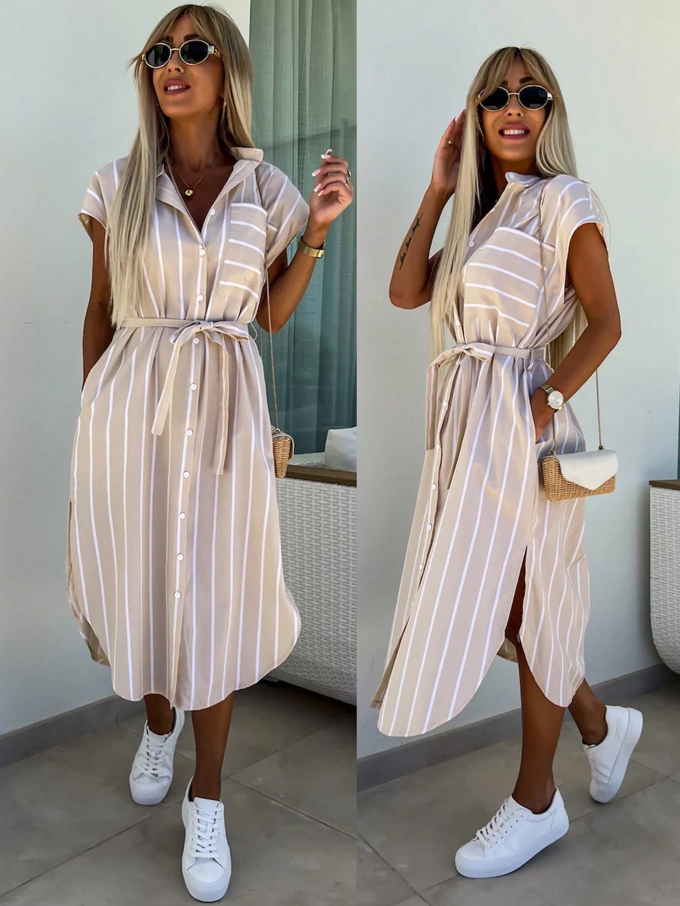Apricot - Front and back view of a woman wearing a leopard print midi shirt dress with a self-tie belt, button-up front, mandarin collar, and side slits.