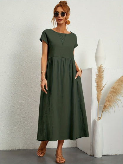 Dark Green - Dark olive green linen-texture midi dress featuring a round neckline, cap sleeves, gathered empire waist, and side seam pockets.