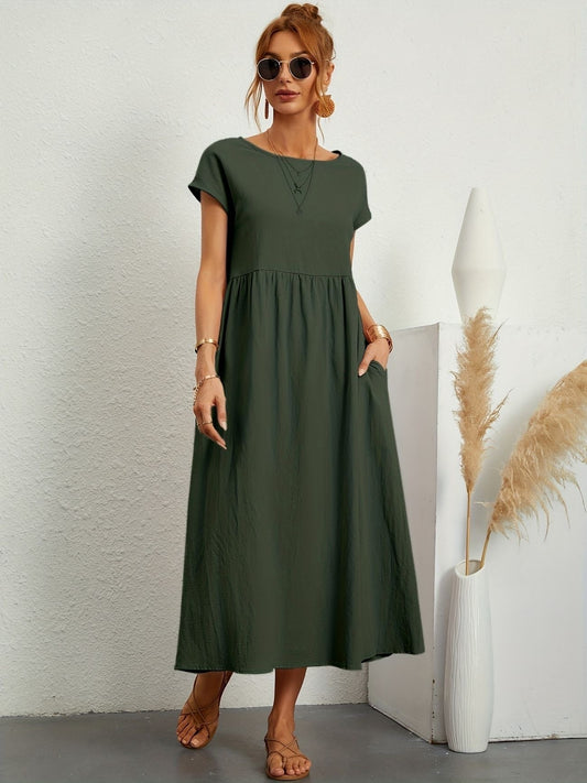 Dark Green - Dark olive green linen-texture midi dress featuring a round neckline, cap sleeves, gathered empire waist, and side seam pockets.