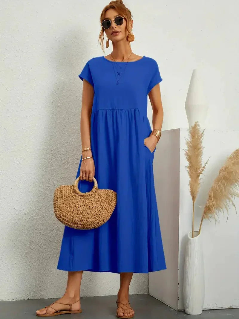 Blue - Dark olive green linen-texture midi dress featuring a round neckline, cap sleeves, gathered empire waist, and side seam pockets.
