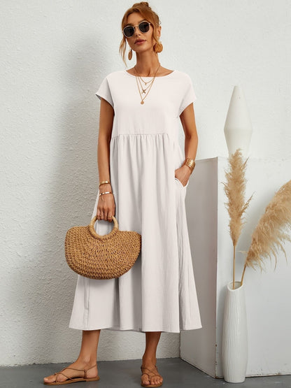 White - Dark olive green linen-texture midi dress featuring a round neckline, cap sleeves, gathered empire waist, and side seam pockets.
