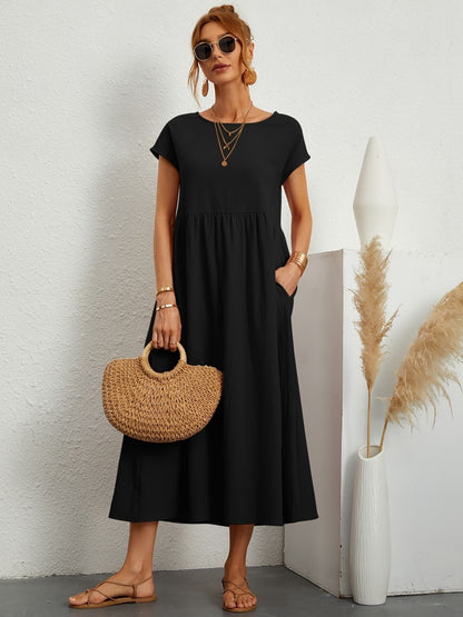 Black - Dark olive green linen-texture midi dress featuring a round neckline, cap sleeves, gathered empire waist, and side seam pockets.
