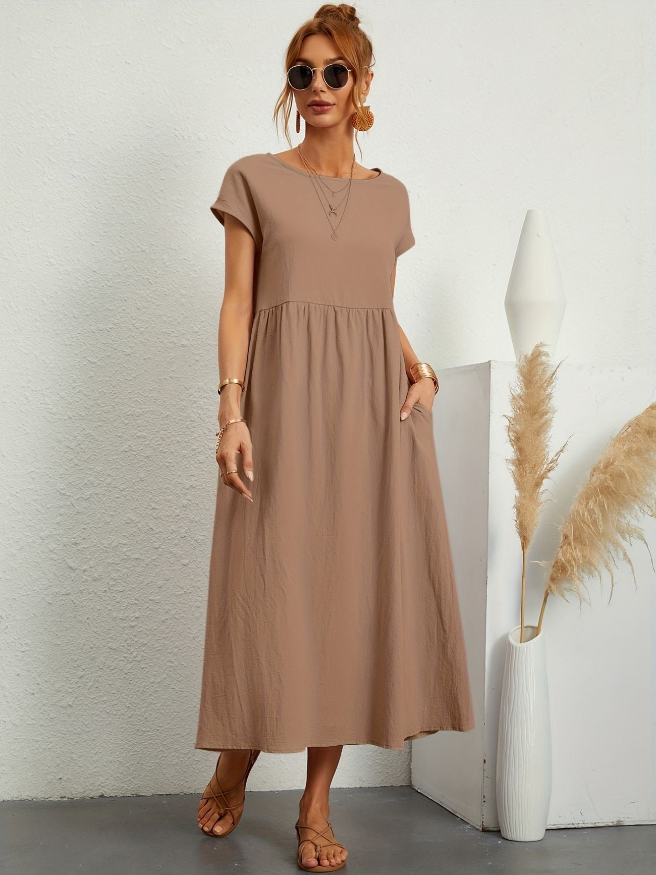Khaki - Dark olive green linen-texture midi dress featuring a round neckline, cap sleeves, gathered empire waist, and side seam pockets.