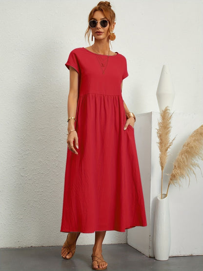 Red - Dark olive green linen-texture midi dress featuring a round neckline, cap sleeves, gathered empire waist, and side seam pockets.