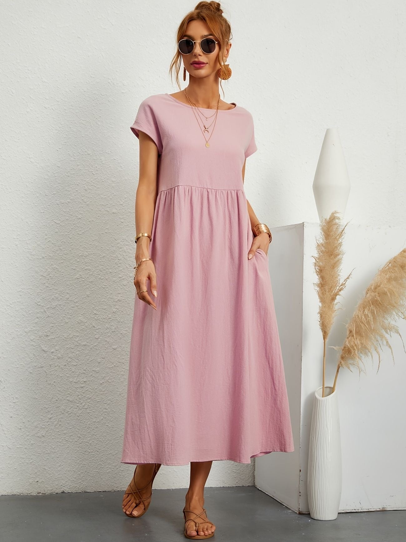 Pink - Dark olive green linen-texture midi dress featuring a round neckline, cap sleeves, gathered empire waist, and side seam pockets.