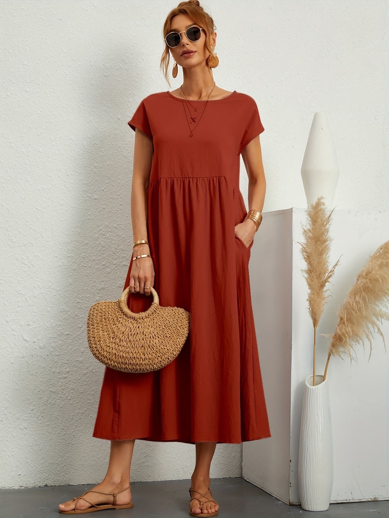Orange - Dark olive green linen-texture midi dress featuring a round neckline, cap sleeves, gathered empire waist, and side seam pockets.
