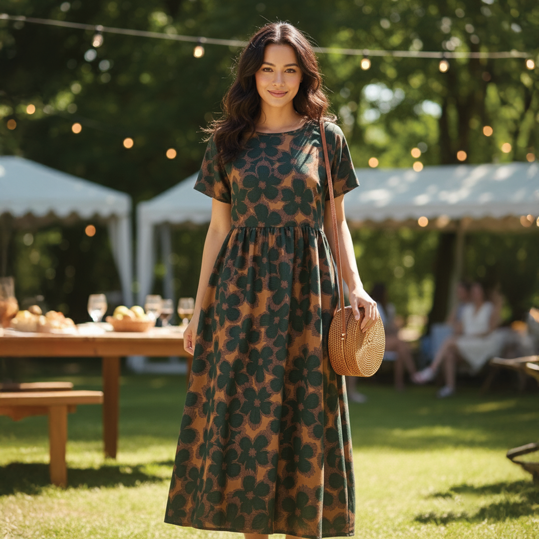 Forest Green & Sand Tie-Dye - A woman wearing a red and green kaleidoscope floral print linen-blend midi dress with cap sleeves and side pockets, holding a woven straw handbag.