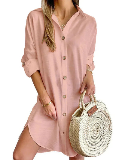 Pink - White linen button-front mini shirt dress featuring a collared neckline, rolled tab sleeves, and a curved hem with side button details.