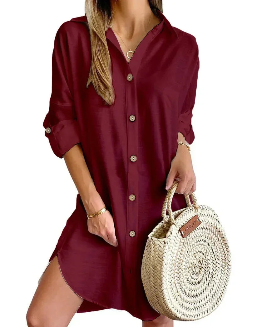 Pink - White linen button-front mini shirt dress featuring a collared neckline, rolled tab sleeves, and a curved hem with side button details.