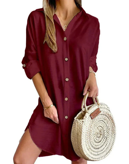 Pink - White linen button-front mini shirt dress featuring a collared neckline, rolled tab sleeves, and a curved hem with side button details.