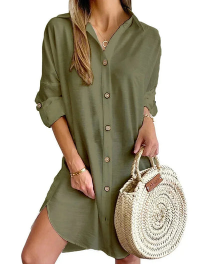 Military green - White linen button-front mini shirt dress featuring a collared neckline, rolled tab sleeves, and a curved hem with side button details.