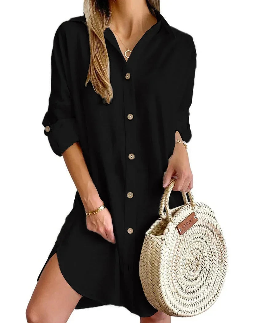 Black - White linen button-front mini shirt dress featuring a collared neckline, rolled tab sleeves, and a curved hem with side button details.