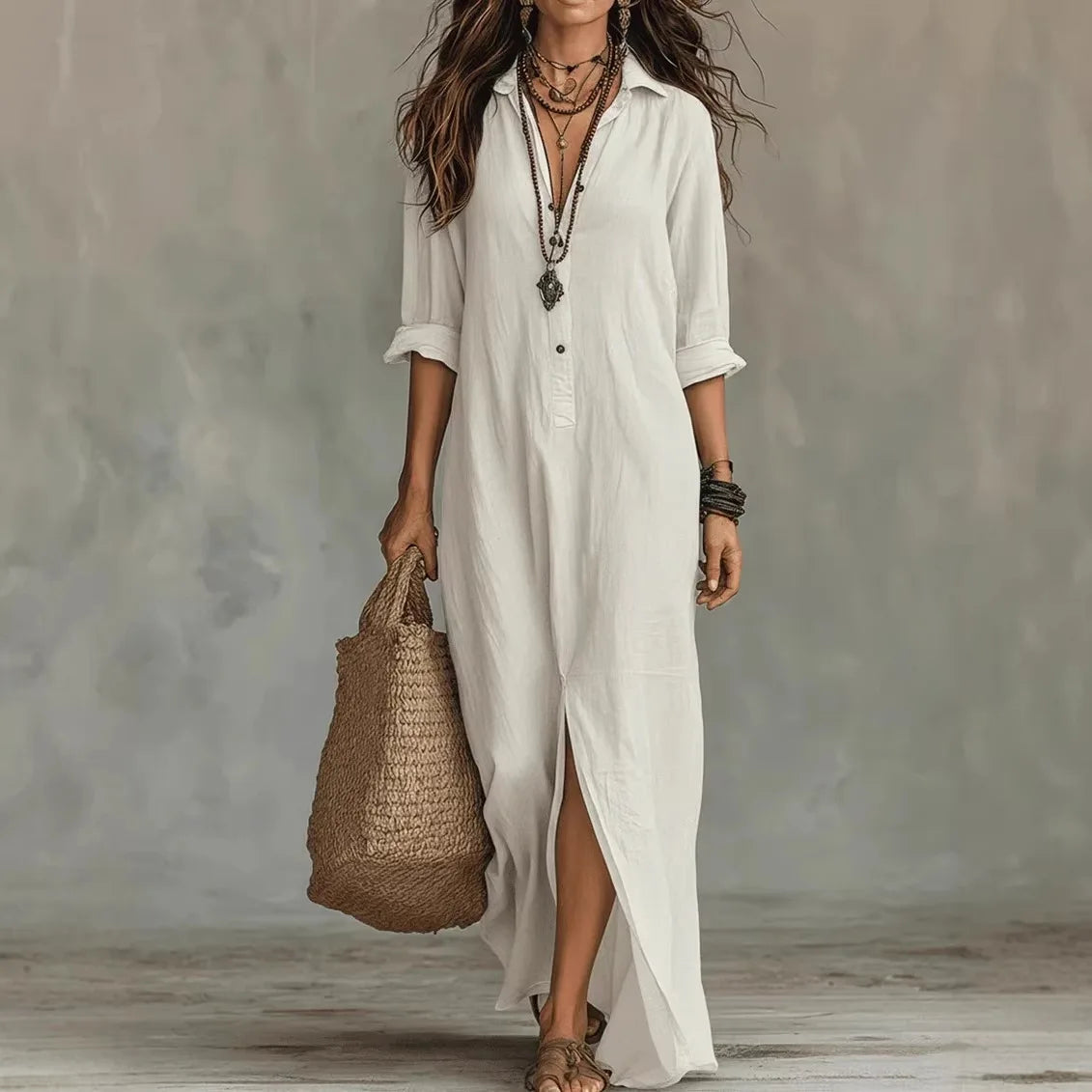 White - A woman wearing a white textured linen maxi shirt dress with rolled sleeves, a partial button placket, and a front split, carrying a woven straw tote bag.