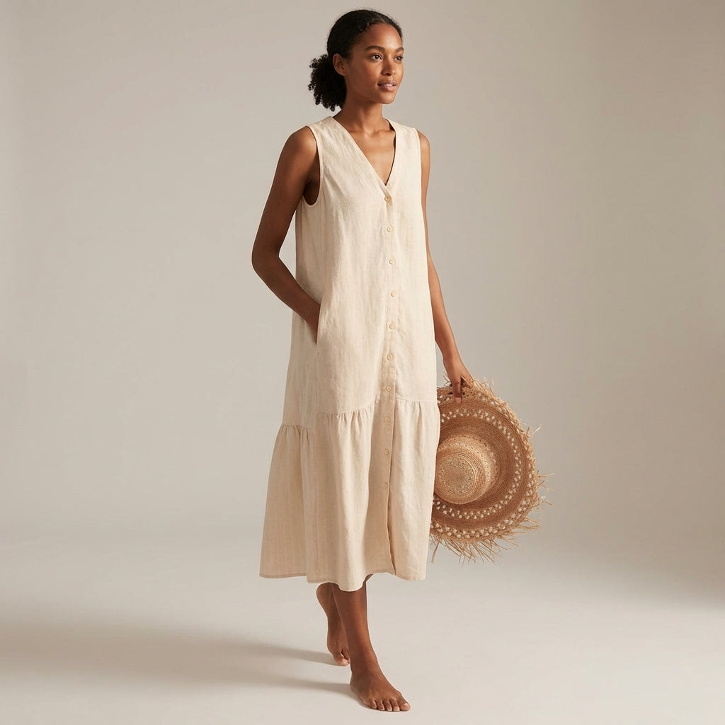 Brown - A woman wearing a sleeveless white linen midi dress with a V-neck, button-down front, and tiered skirt, holding a wide-brimmed straw hat against a neutral background.