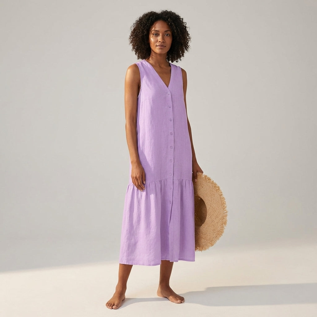 Purple - A woman wearing a sleeveless white linen midi dress with a V-neck, button-down front, and tiered skirt, holding a wide-brimmed straw hat against a neutral background.