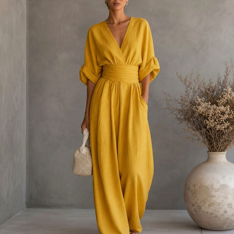 Linen Wrap Ruched Wide Leg Jumpsuit