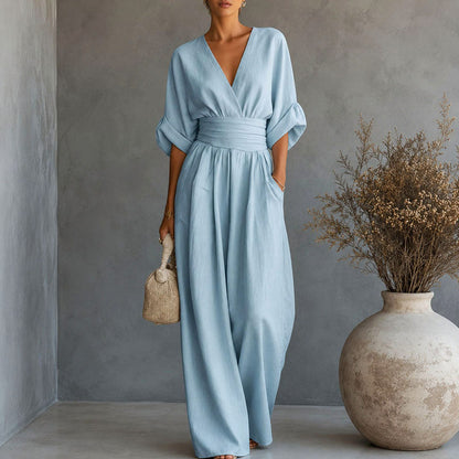 Linen Wrap Ruched Wide Leg Jumpsuit