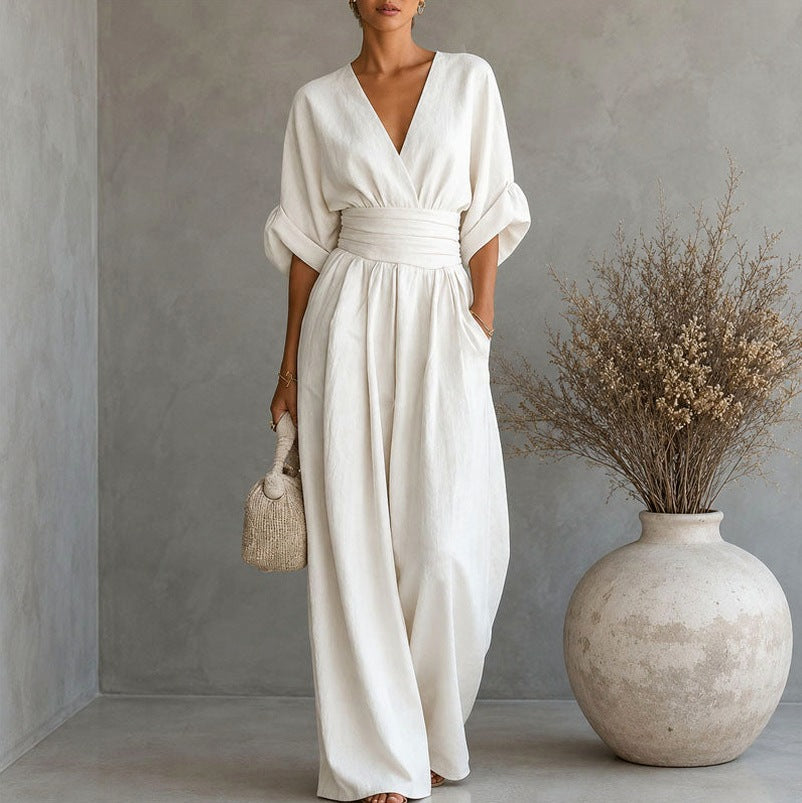 Linen Wrap Ruched Wide Leg Jumpsuit