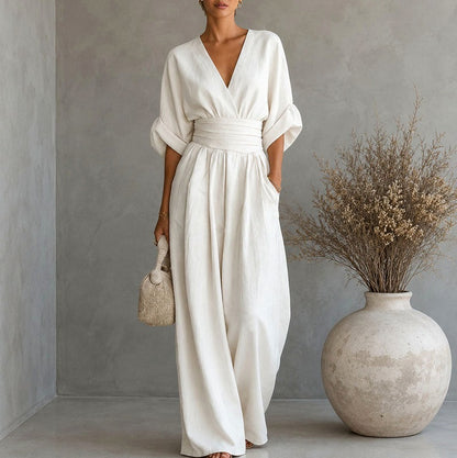 Linen Wrap Ruched Wide Leg Jumpsuit