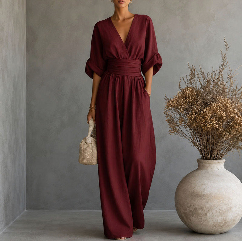 Linen Wrap Ruched Wide Leg Jumpsuit