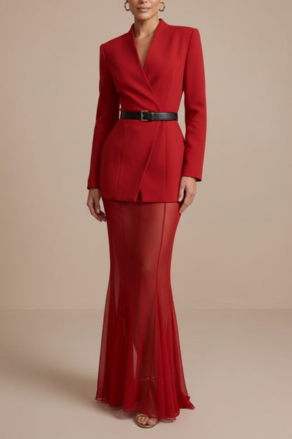 Long Sleeve Belted Blazer and Maxi Skirt Set