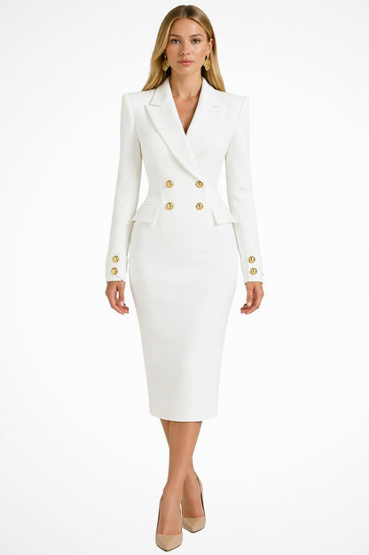Long Sleeve Double Breasted Button Front Midi Blazer Dress
