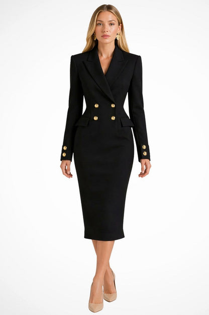 Long Sleeve Double Breasted Button Front Midi Blazer Dress
