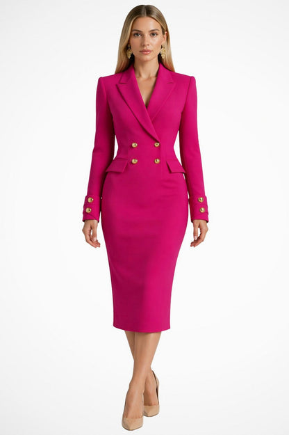 Long Sleeve Double Breasted Button Front Midi Blazer Dress