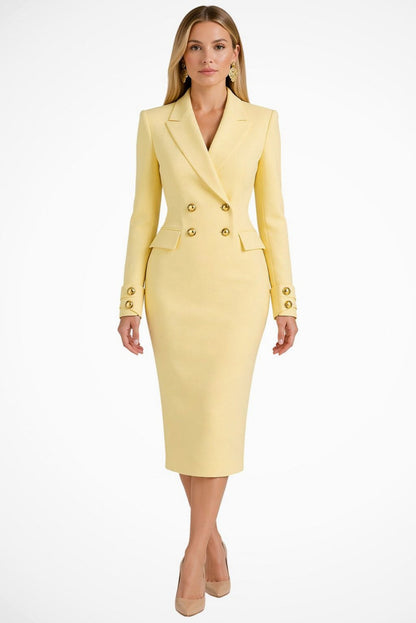 Long Sleeve Double Breasted Button Front Midi Blazer Dress