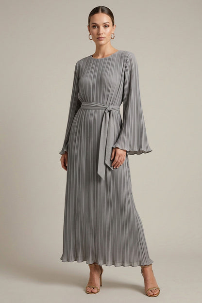 Long Sleeve Pleated Tie Waist Modest Maxi Dress